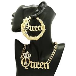 Fashion 21 Womens Statement Queen Necklace, Bamboo Pierced Earring in Gold Tone