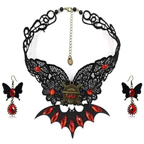 ETERNITY J. Black Lace Skull Gothic Pendant Choker Necklace Earrings Set for Halloween Costume Party ETERNITY J. Black Lace Skull Gothic Pendant Choker Necklace Earrings Set for Halloween Costume Party