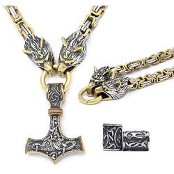 Gungneer Viking Thor Hammer Pendant 18k Gold Plated Stainless Steel Dragon Head Byzantine Chain Necklace Asatru Pagan Jewel