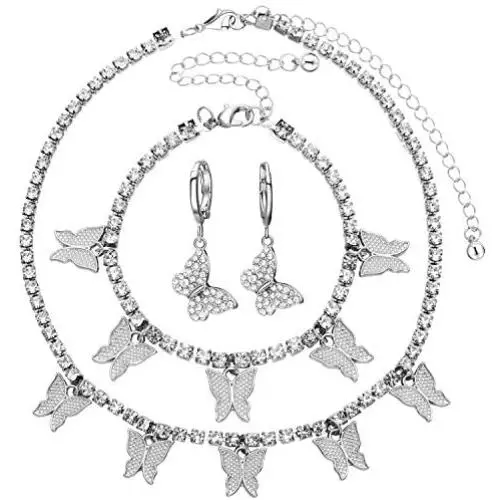 Butterfly Crystal Diamond Jewelry Set, Include Butterfly Choker Necklace, Butterfly Diamond Bracelet and Butterfly Earrings for Women Butterfly Crystal Diamond Jewelry Set, Include Butterfly Choker Necklace, Butterfly Diamond Bracelet and Butterfly Earrings for Women