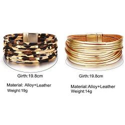 Neckcely 2Pcs Leopard Print Multilayer Leather Wrap Wide Bracelets Handmade Wristband Braided Rope with Magnetic Buckle Jewelry for Women Girls