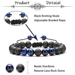 MOZAKA 8mm Tiger Eye & Lava Stone Chakra Bracelet for Men Women Natural Stone Yoga Bead Aromatherapy Essential Oil Diffuser Adjustable Elastic Bracelet Set
