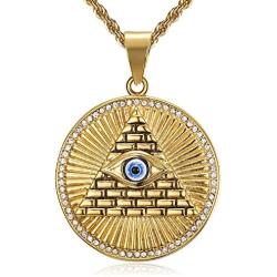 Lee Island Fashion 24K Gold Plated Eye of Horus On Pyramid Egyptian Protection Pendant Stainless Steel Necklace For Men Boys, 24 Inch Chain Eye of Providence/ All-Seeing-Eye/Blue Evil Eye Jewelry