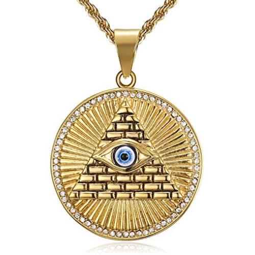 Lee Island Fashion 24K Gold Plated Eye of Horus On Pyramid Egyptian Protection Pendant Stainless Steel Necklace For Men Boys, 24 Inch Chain Eye of Providence/ All-Seeing-Eye/Blue Evil Eye Jewelry