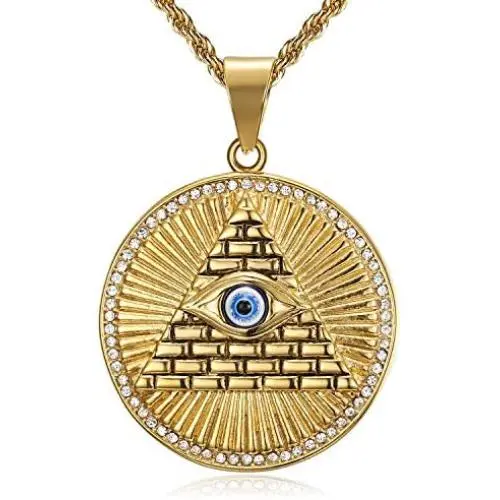 Lee Island Fashion 24K Gold Plated Eye of Horus On Pyramid Egyptian Protection Pendant Stainless Steel Necklace For Men Boys, 24 Inch Chain Eye of Providence/ All-Seeing-Eye/Blue Evil Eye Jewelry