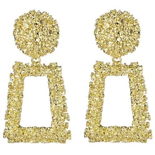 LEMA Metallic Hollow Out Rectangle Textured Design Drop Dangle Earrings