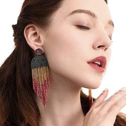 Luluping Long Beaded Tassel Earrings – Big Boho Native Handmade Bead Dangle Earrings for Women, Bohemian Large Statement Beaded Drop Fringe Earrings