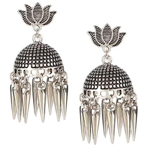 Efulgenz Boho Vintage Antique Ethnic Gypsy Tribal Indian Oxidized Silver Tassel Jhumka Dangle Earrings Jewelry