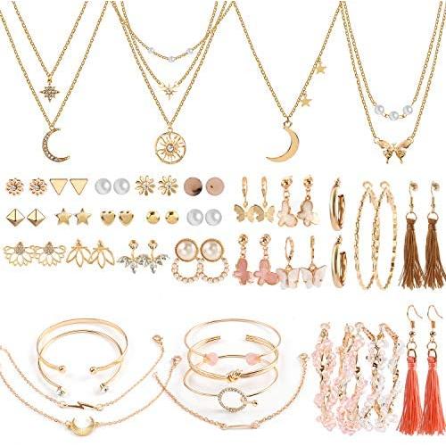 36 PCS Gold Jewelry Set with 4 PCS Multi-layer Pendant Necklaces,8 PCS Bracelets,24 PCS Layered Ball Dangle Hoop Stud Earrings for Women Girls Jewelry Fashion and Valentine Birthday Party Gift