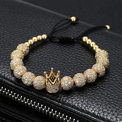 Charm Imperial Crown Braided Bracelets with 8mm Micro Pave Cubic Zirconia Beads 18K Gold King Bracelet for Men Boys