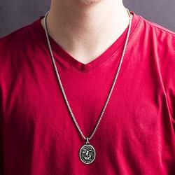 Steve Madden Oxidized Stainless Steel Saint Michael Coin Necklace for Men 26 Inch Box Chain