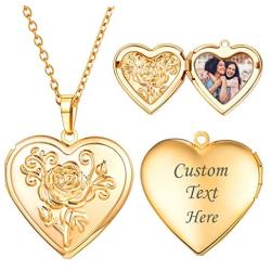 U7 Women Girls Photo Locket Pendant Heart/Round Shaped Fashion Jewelry 18K Gold Plated Necklace, with Custom Image or Text Engrave Service