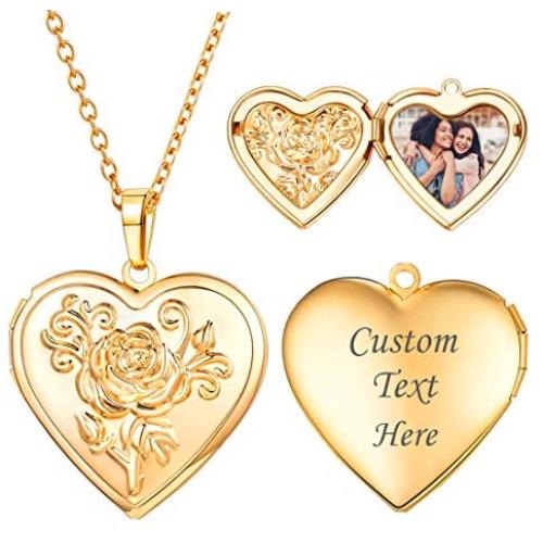 U7 Women Girls Photo Locket Pendant Heart/Round Shaped Fashion Jewelry 18K Gold Plated Necklace, with Custom Image or Text Engrave Service