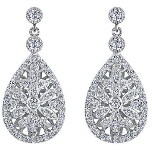 EVER FAITH 925 Sterling Silver Elegant Pave CZ Hollow-out Gastby Inspired Chandelier Earrings Clear