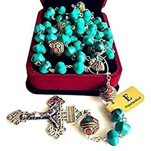 elegantmedical Turquoise TIBET COPPER BEADS STERLING 925 SILVER ROSARY NECKLACE Catholic