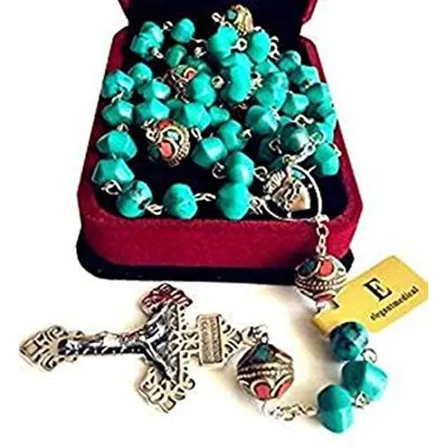 elegantmedical Turquoise TIBET COPPER BEADS STERLING 925 SILVER ROSARY NECKLACE Catholic elegantmedical Turquoise TIBET COPPER BEADS STERLING 925 SILVER ROSARY NECKLACE Catholic