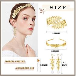 Thunaraz 10Pcs Goddess Costume Accessories Set Greek Roman Laurel Leaf Bracelet Golden Leaves Bridal Hair Crown Headband Pearl Leaf Earrings Hair Pins for Wedding Party Accessories