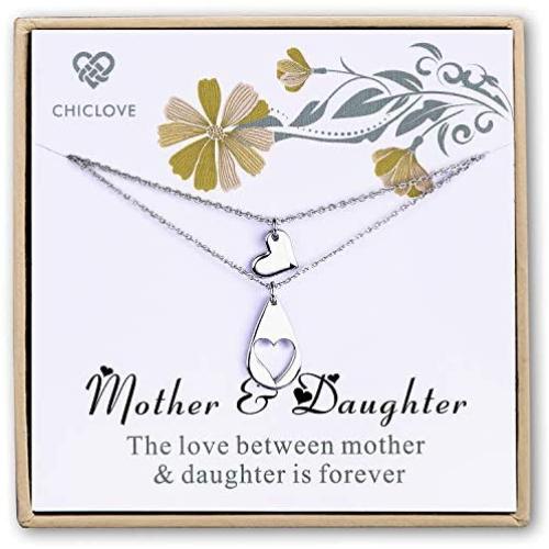 CHICLOVE Mother Daughter Jewelry Sets for Two, Cutout Heart Necklaces, 2 Sterling Silver Necklaces