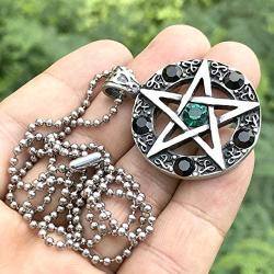 Wicca Jewelry Celtic Pentagram Pentacle Star Green-Black Crystal Gem Wiccan Pagan Witch Magic Healing Protection Amulet Pewter Mens Womens Pendant Necklace Charm for Men Women Silver Ball Chain