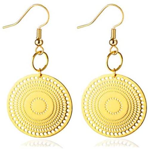 Allzedream Filigree Earrings Dangle Round Gold Hollow Out Disc Drop