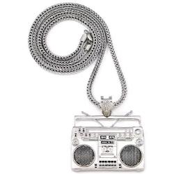 GWOOD Boom Box Silver Color Pendant with 36 Inch Long Franco Necklace Cassette