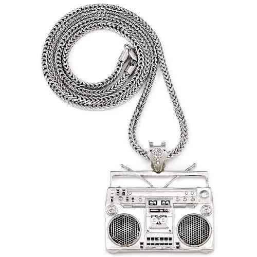 GWOOD Boom Box Silver Color Pendant with 36 Inch Long Franco Necklace Cassette