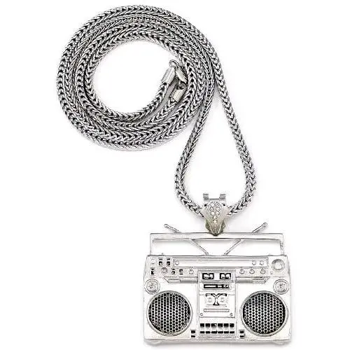 GWOOD Boom Box Silver Color Pendant with 36 Inch Long Franco Necklace Cassette GWOOD Boom Box Silver Color Pendant with 36 Inch Long Franco Necklace Cassette