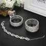 FIBO STEEL 3 PCS Rhinestone Stretch Bracelets for Women Bridal Sparkly Wedding Strand Tennis Bracelet Set Silver-Tone