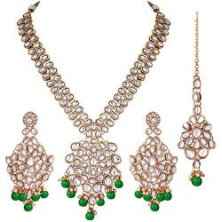 Aheli Wedding Designer Faux Kundan Pearl Necklace with Maang Tikka Set Indian Bridal Ethnic Traditional Jewelry Set for Women