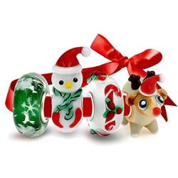 4 Murano Glass Christmas Set Reindeer Candy Cane Snowman Snowflake Charm Bead For Teen For Women 925 Sterling Silver