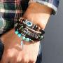 Boho National Stone Feather Multilayer Leather Bracelet Evil Eye Charms Turquoises Beads Bracelets for Men Vintage Punk Wrap Wristband Owl Bird Bracelet