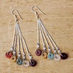 NOVICA .925 Sterling Silver Jade and Rainbow Moonstone Waterfall Earrings, Between Nations