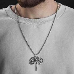 Steve Madden Mens Oxidized Saint Benedict, Crucifix, and Saint Michael Trio Pendant Chain Necklace for Men in Stainless Steel, Silver, 28