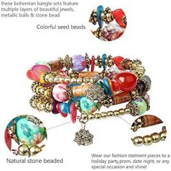 FIBO STEEL 6 Sets Bohemian Stackable Bead Bracelets for Women Stretch Multilayered Bracelet Set Multicolor Jewelry