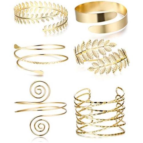 Finrezio 6 PCS Upper Arm Cuff Bracelet for Women Bangle Bracelet Open Armlet Leaf Armband Jewelry Set Adjustable