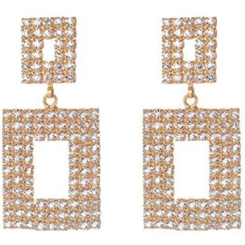 DanDanF Geometric Rhinestone Fully-jewelled Dazzle Statement Earrings, 14K Gold Plated Jewelry Gift for Women
