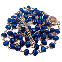 Nazareth Store Deep Blue Crystal Beads Rosary Necklace Catholic Prayer Jerusalem Holy Soil Medal Cross Holy Land Antique Religious Rosaries Beads Collection