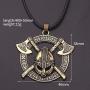 Norse Warrior Helmet Necklace for Men, Viking Runes Double Axe Pendant Necklace with 15.7”+1.9” Chain, Nordic Warriors Tribal Amulet Necklace, Leather Cord, Punk Viking Jewelry Gift