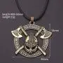 Norse Warrior Helmet Necklace for Men, Viking Runes Double Axe Pendant Necklace with 15.7”+1.9” Chain, Nordic Warriors Tribal Amulet Necklace, Leather Cord, Punk Viking Jewelry Gift