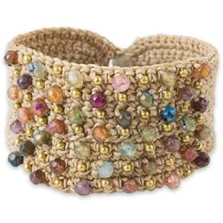 NOVICA Hand Crocheted Wristband Cuff Bracelet with Chalcedony and Labradorite, Life in Pai