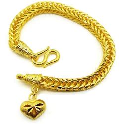 Braid Gorgeous Heart Charm Thai Baht Yellow Gold Plated Filled Bangle 23k 24k Bracelet Jewelry 7 inch