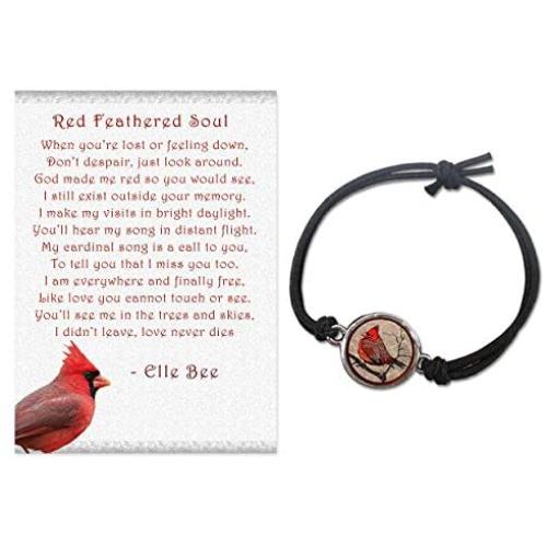 Lola Bella Gifts and Spirit Lala Cardinal Reversible Size Small - Medium Stretch Bracelet with Backside ''Our Love Never Dies '' with Red Feathered Soul Poem Card, Gift Box Grief Sympathy Gift