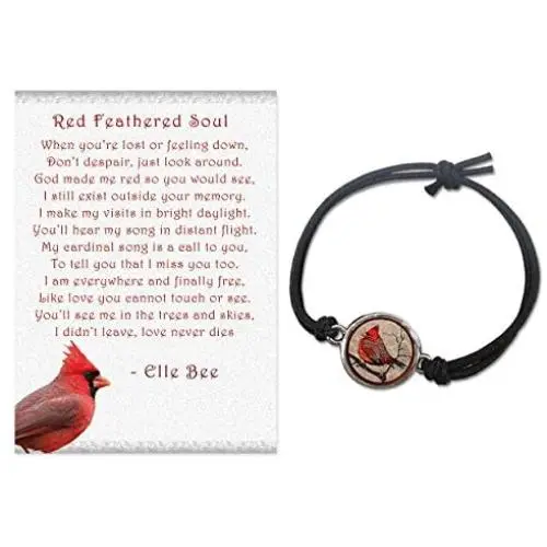 Lola Bella Gifts and Spirit Lala Cardinal Reversible Size Small - Medium Stretch Bracelet with Backside ''Our Love Never Dies '' with Red Feathered Soul Poem Card, Gift Box Grief Sympathy Gift Lola Bella Gifts and Spirit Lala Cardinal Reversible Size Small - Medium Stretch Bracelet with Backside ''Our Love Never Dies '' with Red Feathered Soul Poem Card, Gift Box Grief Sympathy Gift