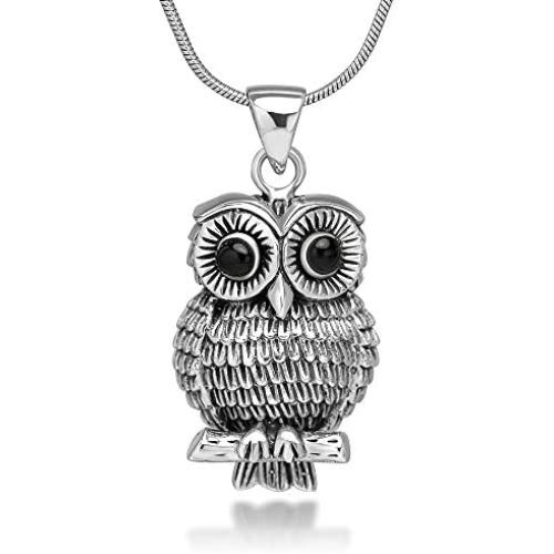 925 Oxidized Sterling Silver Vintage Detail Black Eyes Owl Tree Branch Pendant Necklace, 18 inches