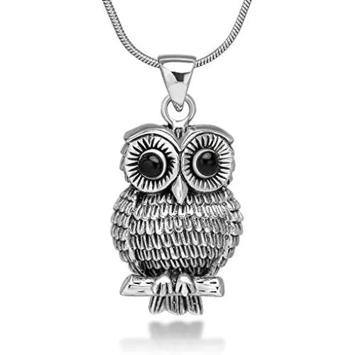 925 Oxidized Sterling Silver Vintage Detail Black Eyes Owl Tree Branch Pendant Necklace, 18 inches 925 Oxidized Sterling Silver Vintage Detail Black Eyes Owl Tree Branch Pendant Necklace, 18 inches