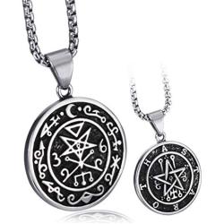 Elfasio Stainless Steel Necklace Pendant for Men Seal of Astaroth Key of Solomon/Seal of Lilith Sigil of Lucifer Seal Both Sided Pendants Chain 18-30 inch
