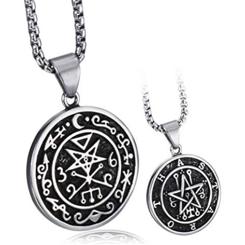 Elfasio Stainless Steel Necklace Pendant for Men Seal of Astaroth Key of Solomon/Seal of Lilith Sigil of Lucifer Seal Both Sided Pendants Chain 18-30 inch