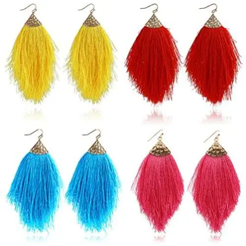  Fashion Bohemian Silky Thread Fan Fringe Tassel Statement Earrings - Lightweight Strand Feather Shape Dangles Earring 4 pcs