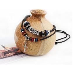 MORE FUN Vintage Style Double Layers Black Braided Leather Tribal Necklace with Charm Cross Pendant