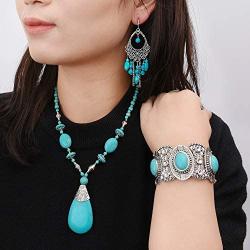 U/D Bohemian Turquoise Hand-Knotted Necklace Set of 3-Turquoise Necklace, Turquoise Stretchable Bracelet, Pair of Earrings